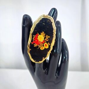 Vintage Lipstick Holder Flip Compact Mirror Handpainted Floral Gold Tone Black‎